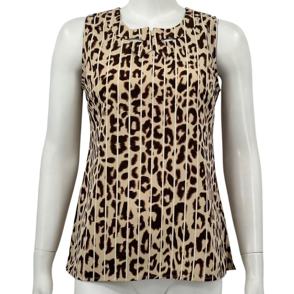 Cabi Top Womens XS Tan Brown Ginger Leopard Bow Neck Mob Wife Safari Preppy